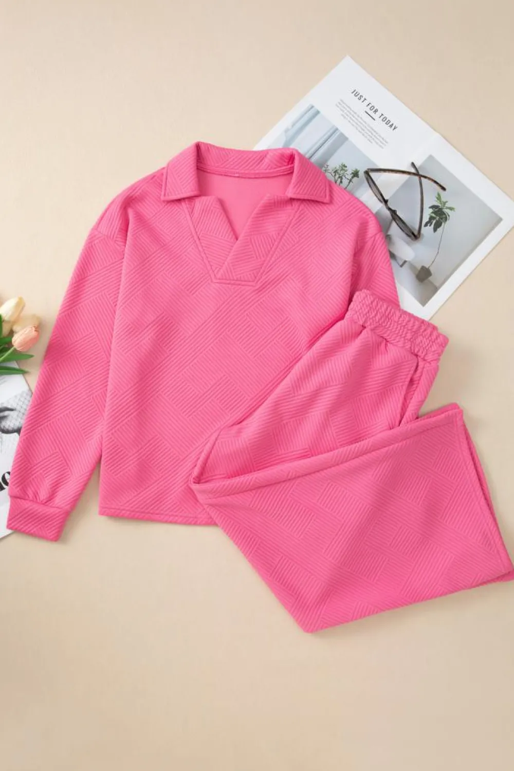 Online Dear-Lover Solid Textured Collared V Neck Top and Wide Leg Pants Set Bonbon