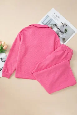 Online Dear-Lover Solid Textured Collared V Neck Top and Wide Leg Pants Set Bonbon