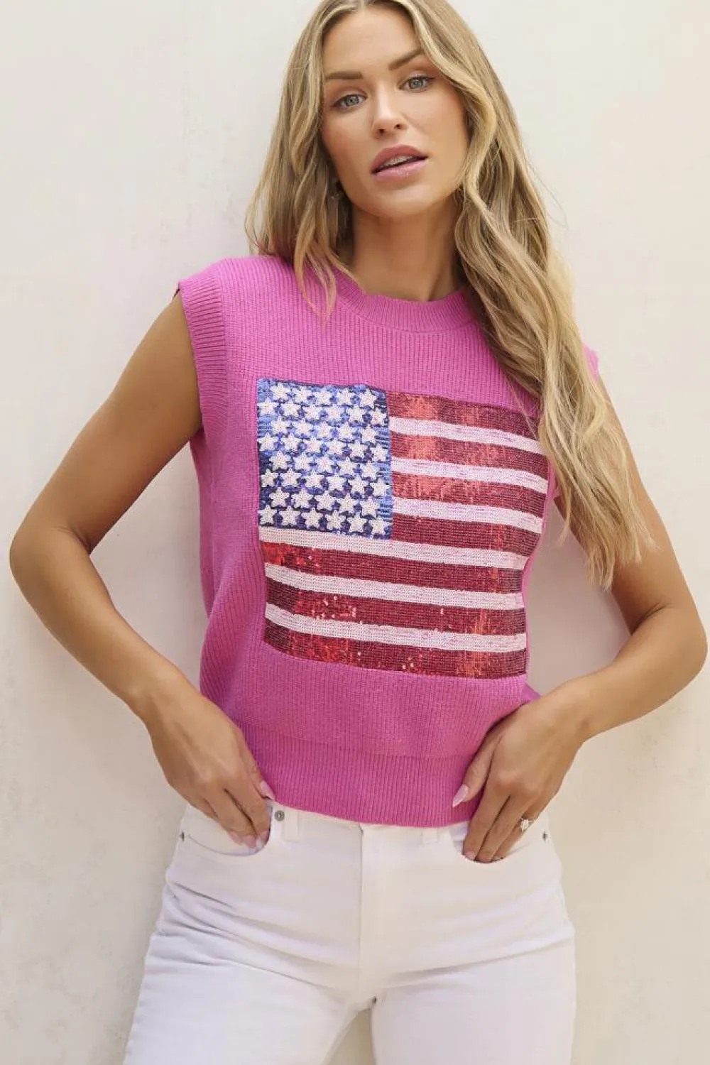 Hot Dear-Lover Sparkling American Flag Knitted Vest Bonbon