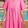 New Dear-Lover Split V Neck Short Flutter Sleeve Pleated Shift Dress Bonbon