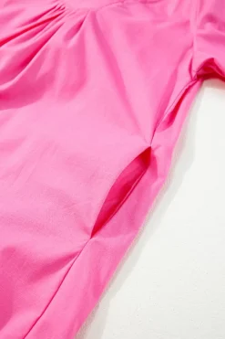 New Dear-Lover Split V Neck Short Flutter Sleeve Pleated Shift Dress Bonbon