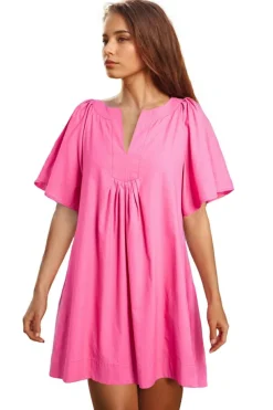 New Dear-Lover Split V Neck Short Flutter Sleeve Pleated Shift Dress Bonbon