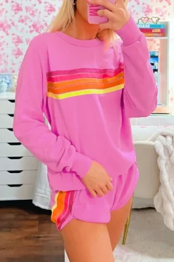 Hot Dear-Lover Striped Accent Pullover and Shorts Two Piece Casual Set Bonbon