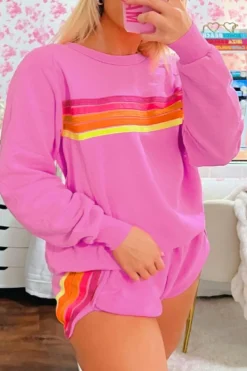 Hot Dear-Lover Striped Accent Pullover and Shorts Two Piece Casual Set Bonbon