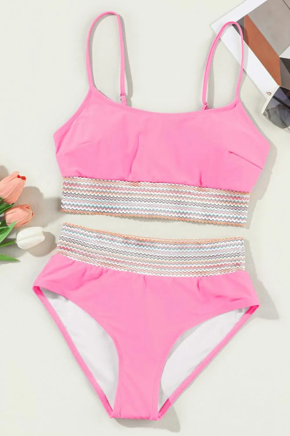 Best Dear-Lover Striped Patchwork Spaghetti Strap High Waist Bikini Swimsuit Bonbon