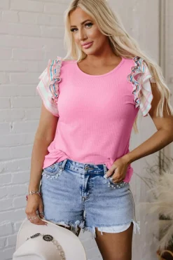 Online Dear-Lover Striped Ruffle Flutter Sleeve Ribbed Blouse Bonbon