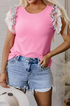 Online Dear-Lover Striped Ruffle Flutter Sleeve Ribbed Blouse Bonbon