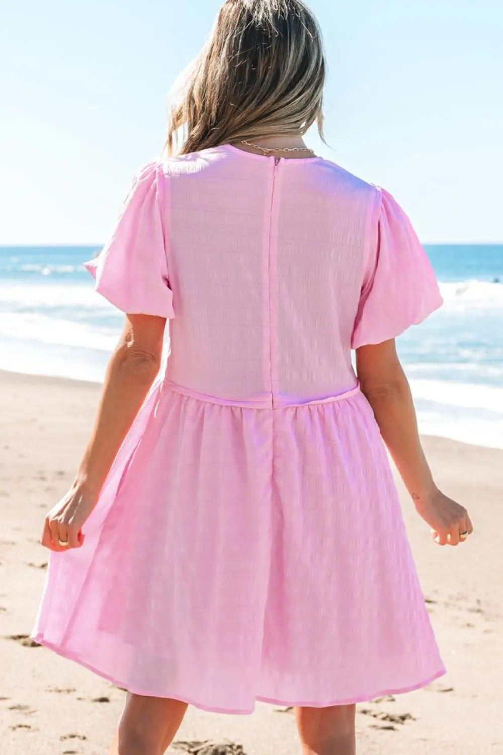 Clearance Dear-Lover Textured Bubble Sleeve High Waist Mini Dress Bonbon