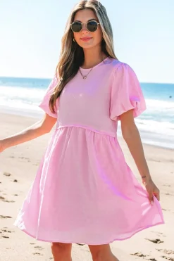 Clearance Dear-Lover Textured Bubble Sleeve High Waist Mini Dress Bonbon