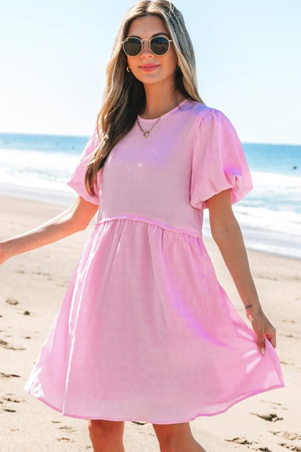 Clearance Dear-Lover Textured Bubble Sleeve High Waist Mini Dress Bonbon