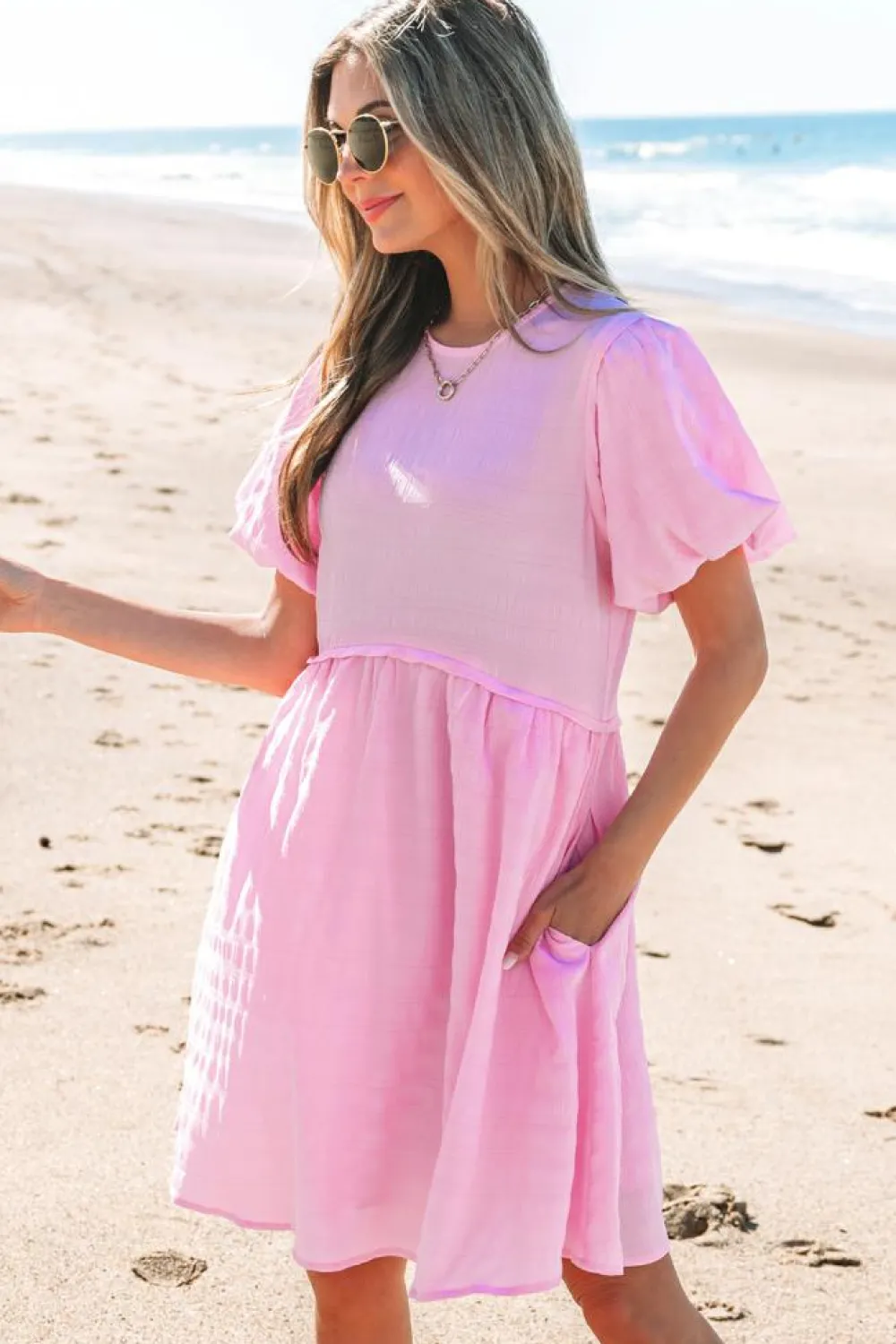 Clearance Dear-Lover Textured Bubble Sleeve High Waist Mini Dress Bonbon
