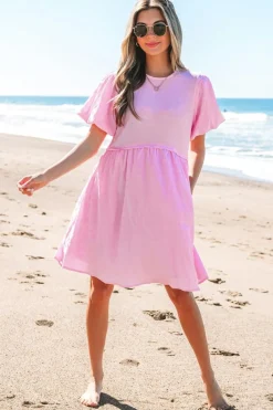 Clearance Dear-Lover Textured Bubble Sleeve High Waist Mini Dress Bonbon