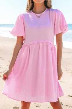 Clearance Dear-Lover Textured Bubble Sleeve High Waist Mini Dress Bonbon