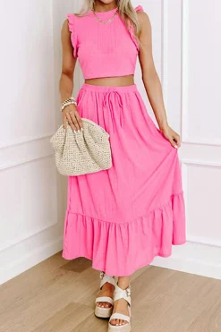 New Dear-Lover Textured Ruffle Trim Crop Vest Lace-up Long Skirt Set Bonbon