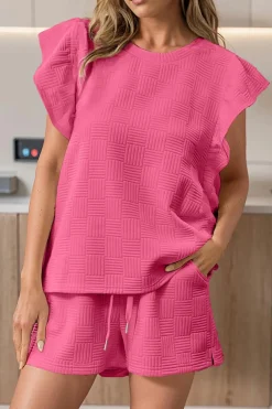 New Dear-Lover Textured Ruffled Sleeve Tee and Drawstring Shorts Set Bonbon