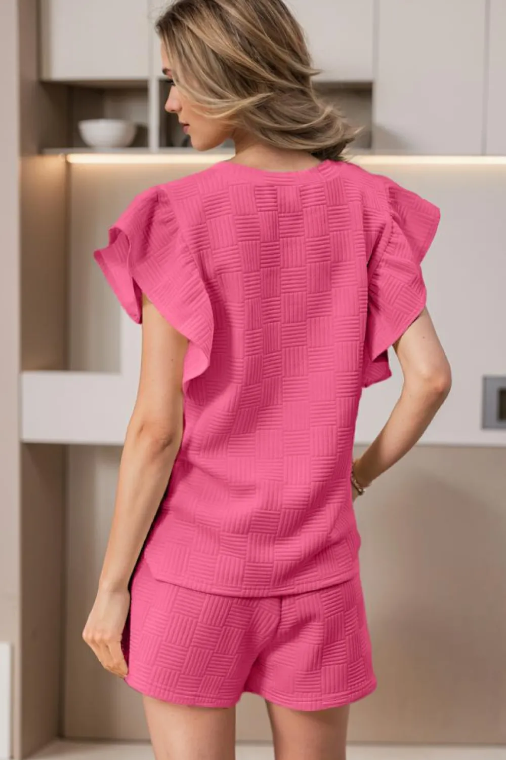 New Dear-Lover Textured Ruffled Sleeve Tee and Drawstring Shorts Set Bonbon