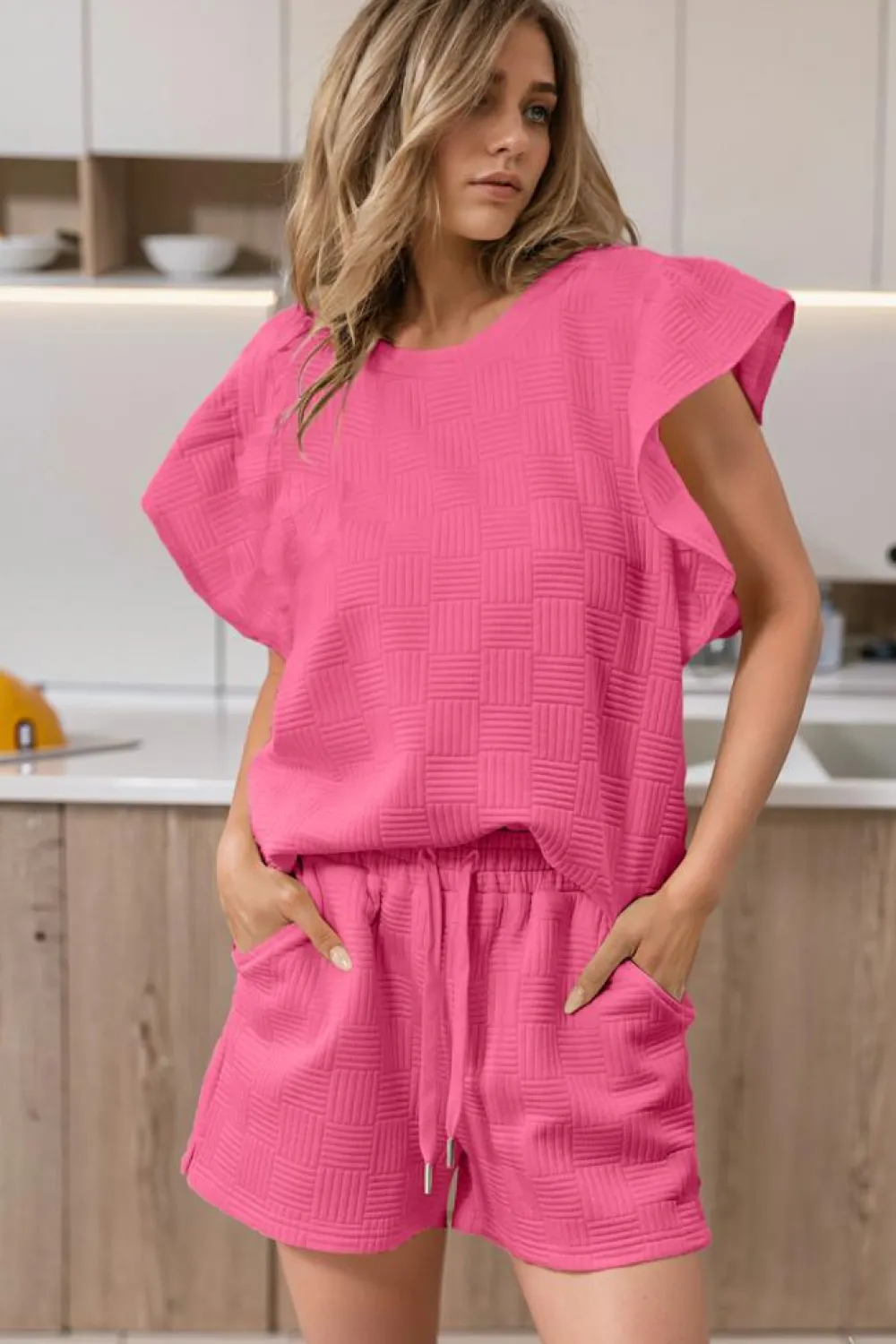 New Dear-Lover Textured Ruffled Sleeve Tee and Drawstring Shorts Set Bonbon