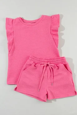 New Dear-Lover Textured Ruffled Sleeve Tee and Drawstring Shorts Set Bonbon