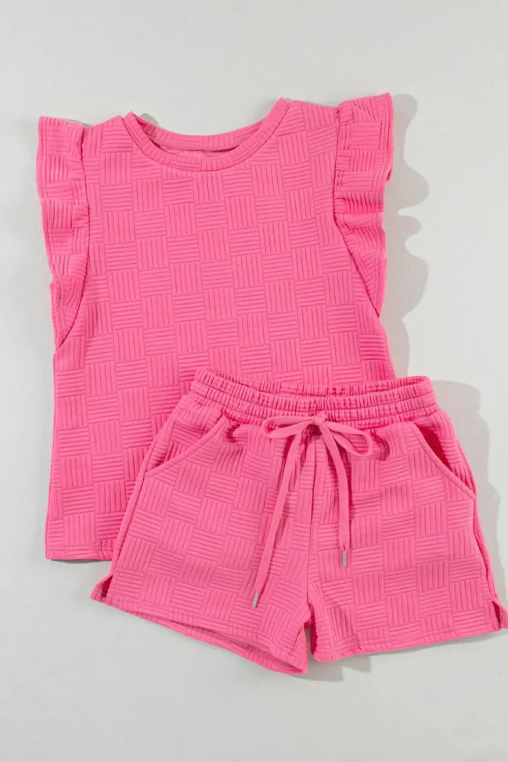New Dear-Lover Textured Ruffled Sleeve Tee and Drawstring Shorts Set Bonbon