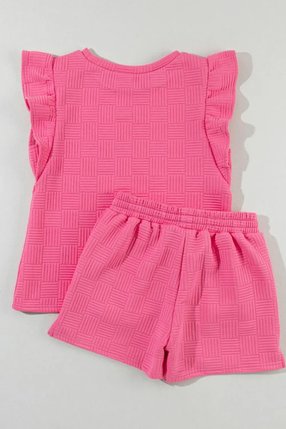 New Dear-Lover Textured Ruffled Sleeve Tee and Drawstring Shorts Set Bonbon