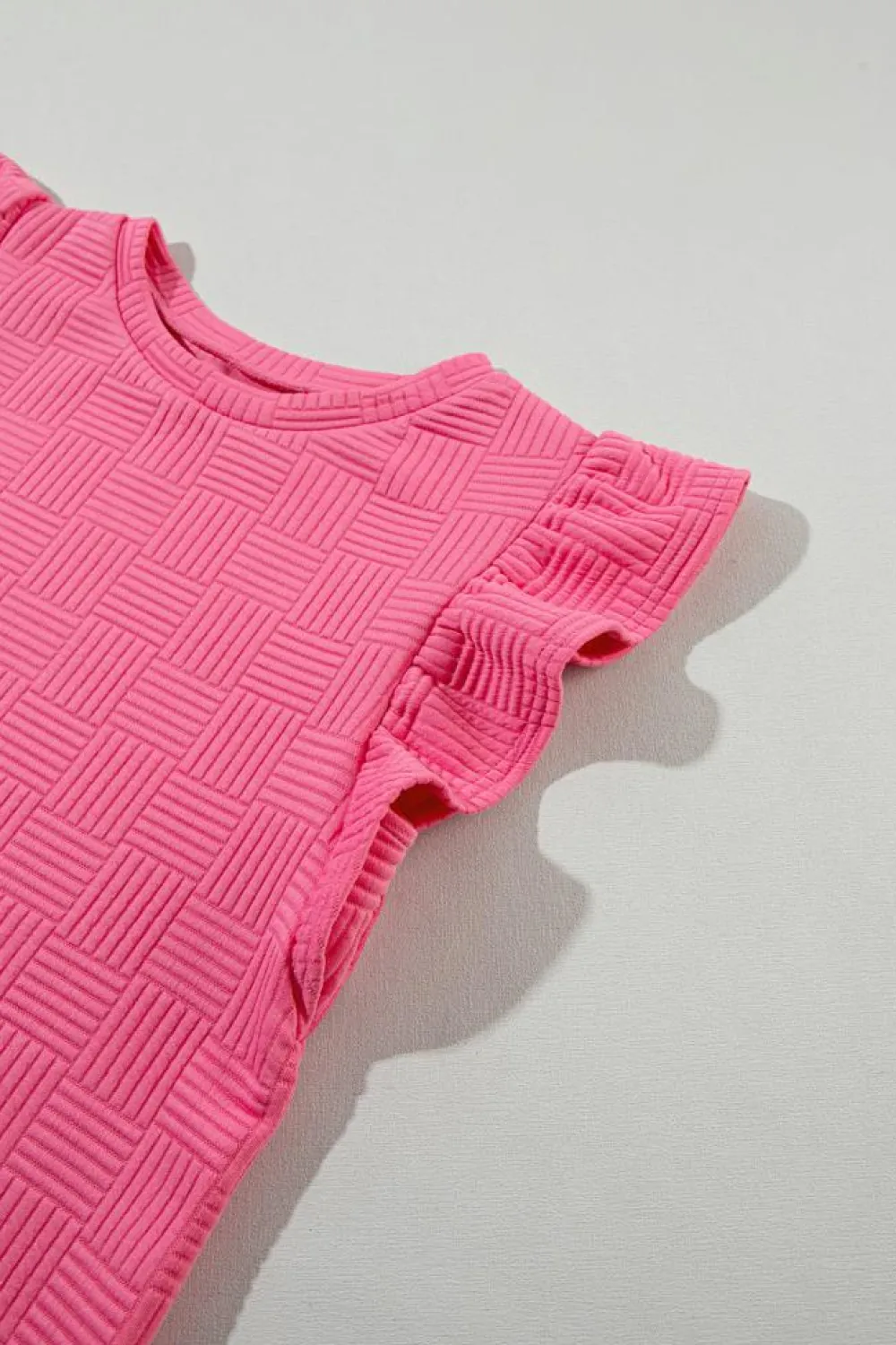 New Dear-Lover Textured Ruffled Sleeve Tee and Drawstring Shorts Set Bonbon