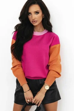 Discount Dear-Lover Three Tone Contrast Round Neck Loose Sweater Bonbon