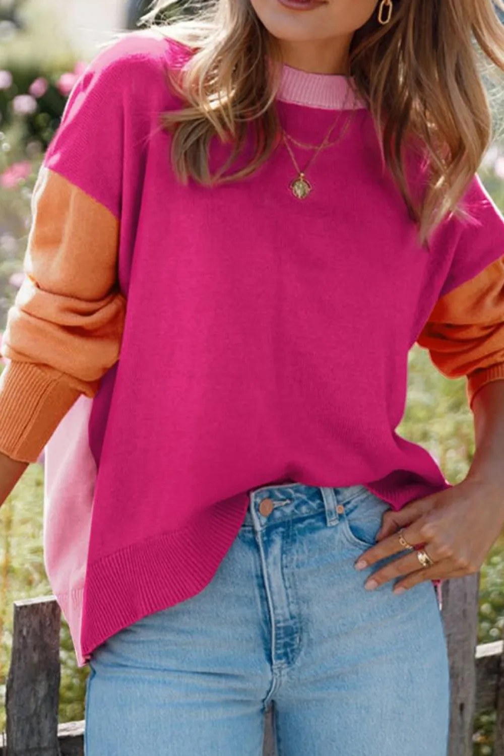 Discount Dear-Lover Three Tone Contrast Round Neck Loose Sweater Bonbon