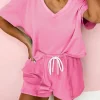 Clearance Dear-Lover V Neck Drop Shoulder Tee and Patchwork Drawstring Shorts Set Bonbon