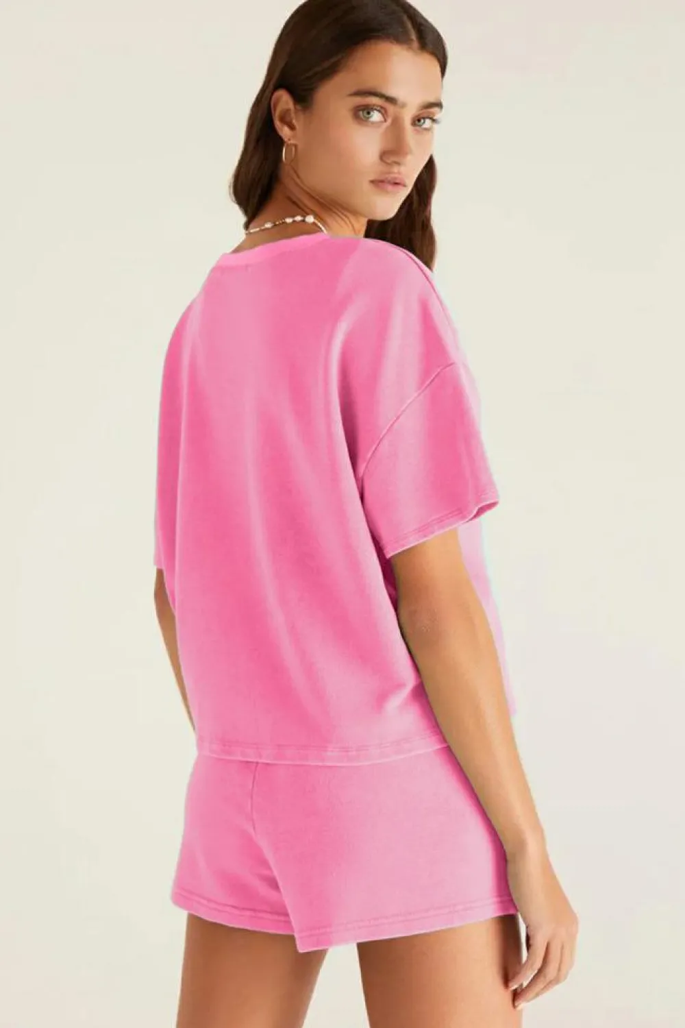 Clearance Dear-Lover V Neck Drop Shoulder Tee and Patchwork Drawstring Shorts Set Bonbon
