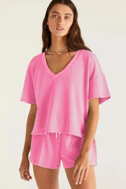 Clearance Dear-Lover V Neck Drop Shoulder Tee and Patchwork Drawstring Shorts Set Bonbon