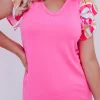 Clearance Dear-Lover V Neck Printed Ruffle Sleeve Patchwork T-shirt Bonbon