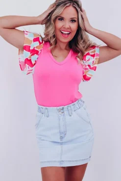Clearance Dear-Lover V Neck Printed Ruffle Sleeve Patchwork T-shirt Bonbon