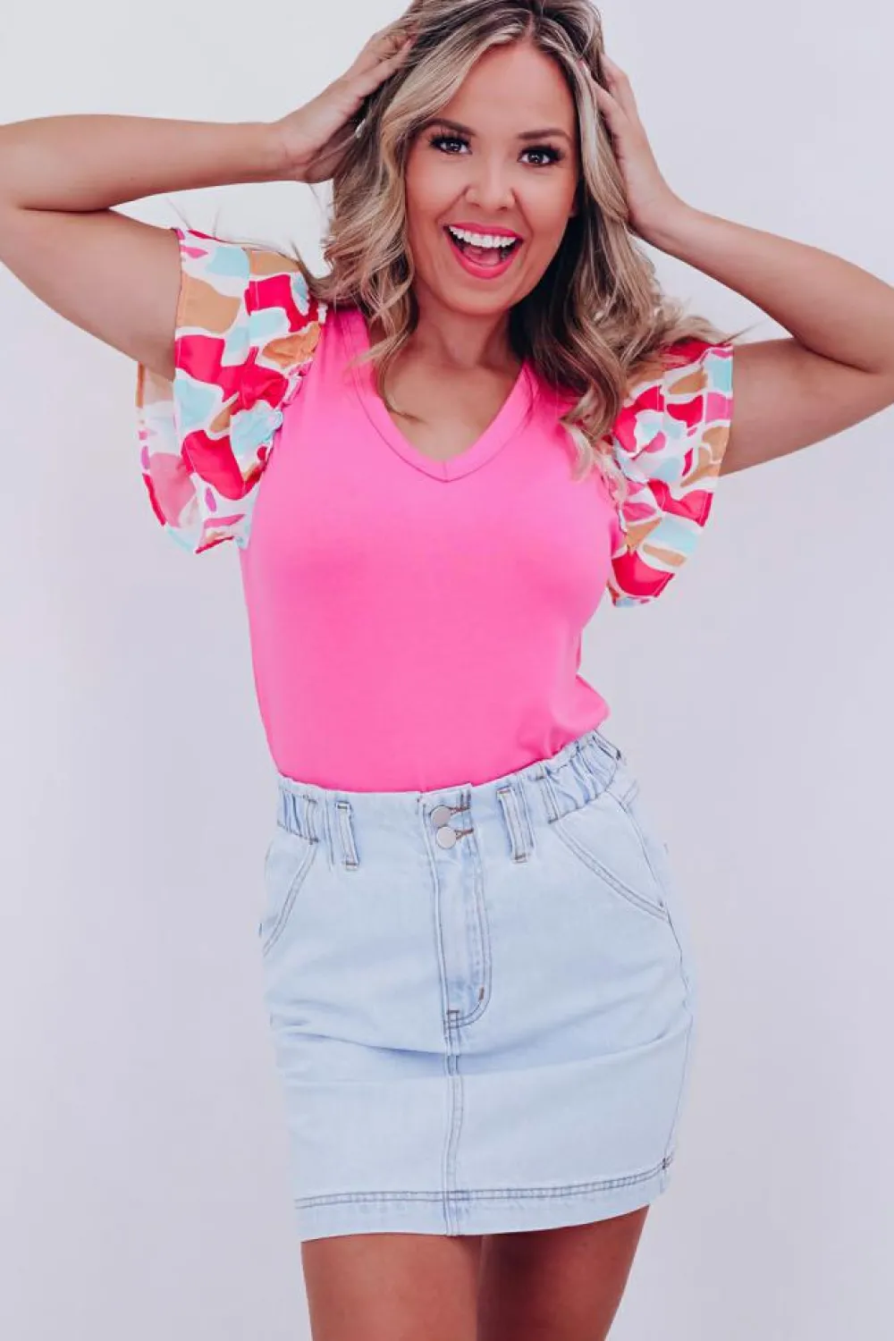 Clearance Dear-Lover V Neck Printed Ruffle Sleeve Patchwork T-shirt Bonbon