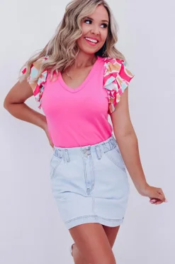 Clearance Dear-Lover V Neck Printed Ruffle Sleeve Patchwork T-shirt Bonbon