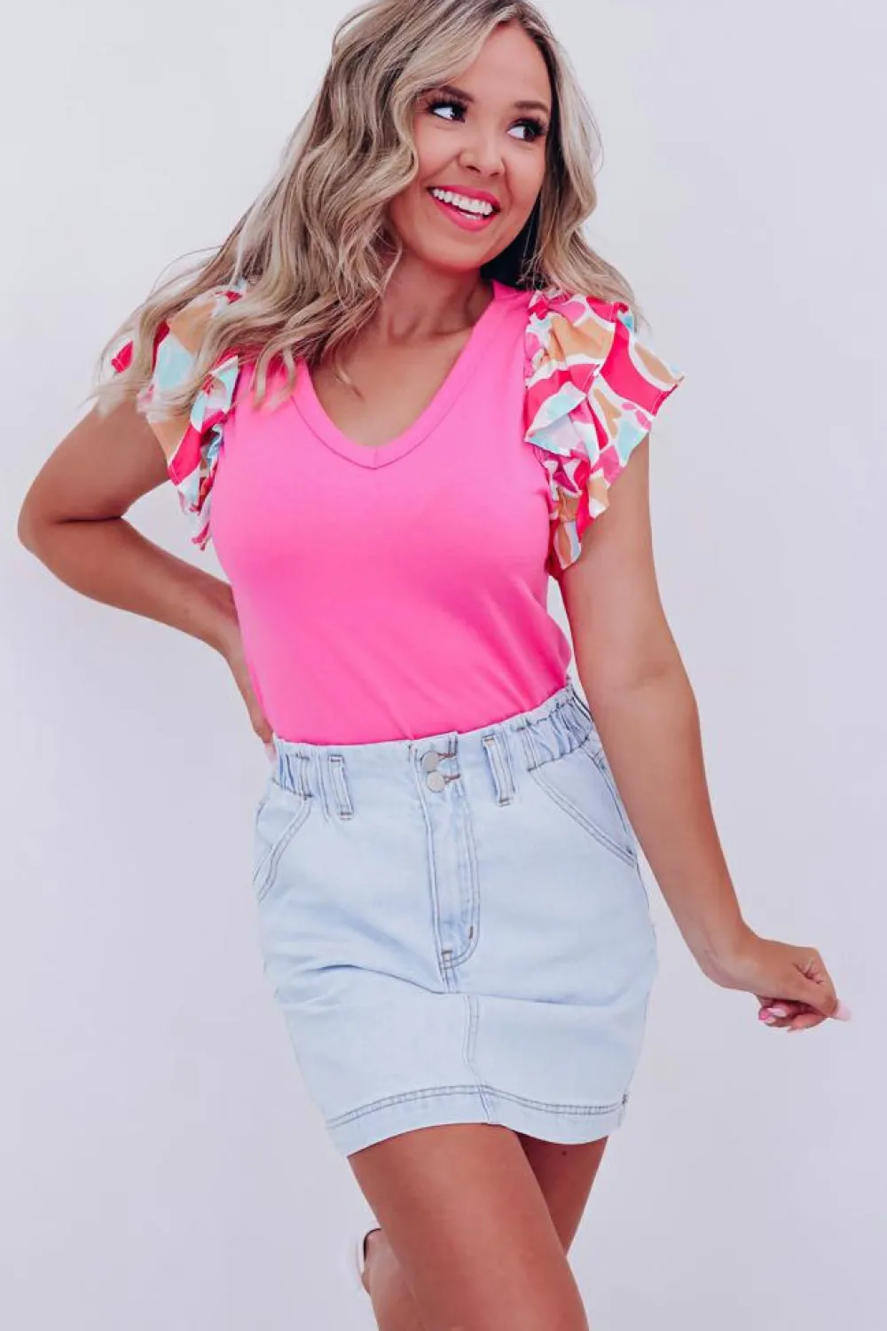 Clearance Dear-Lover V Neck Printed Ruffle Sleeve Patchwork T-shirt Bonbon