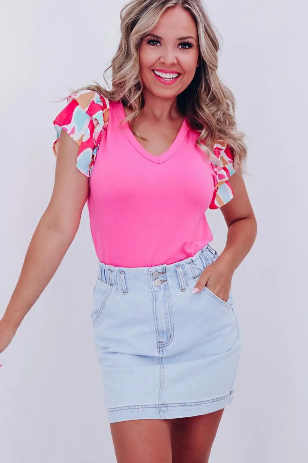 Clearance Dear-Lover V Neck Printed Ruffle Sleeve Patchwork T-shirt Bonbon