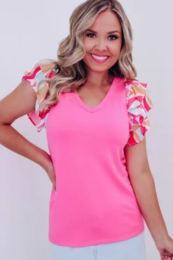Clearance Dear-Lover V Neck Printed Ruffle Sleeve Patchwork T-shirt Bonbon