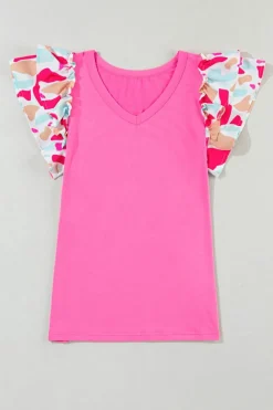 Clearance Dear-Lover V Neck Printed Ruffle Sleeve Patchwork T-shirt Bonbon
