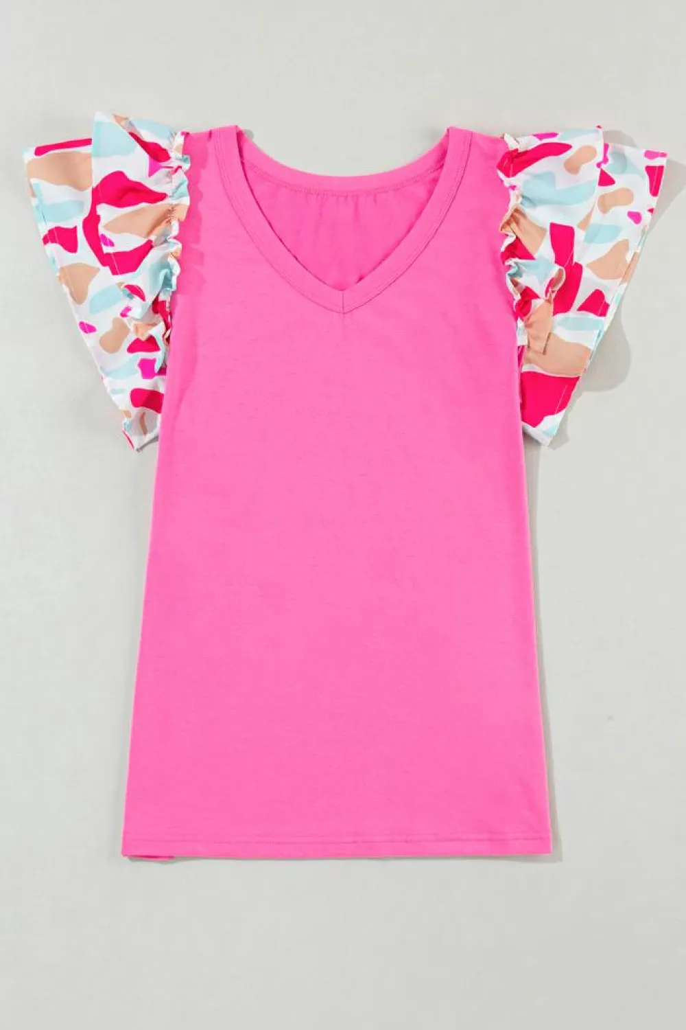 Clearance Dear-Lover V Neck Printed Ruffle Sleeve Patchwork T-shirt Bonbon