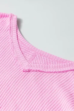Fashion Dear-Lover Waffle Knit Exposed Seam High Low Top Bonbon