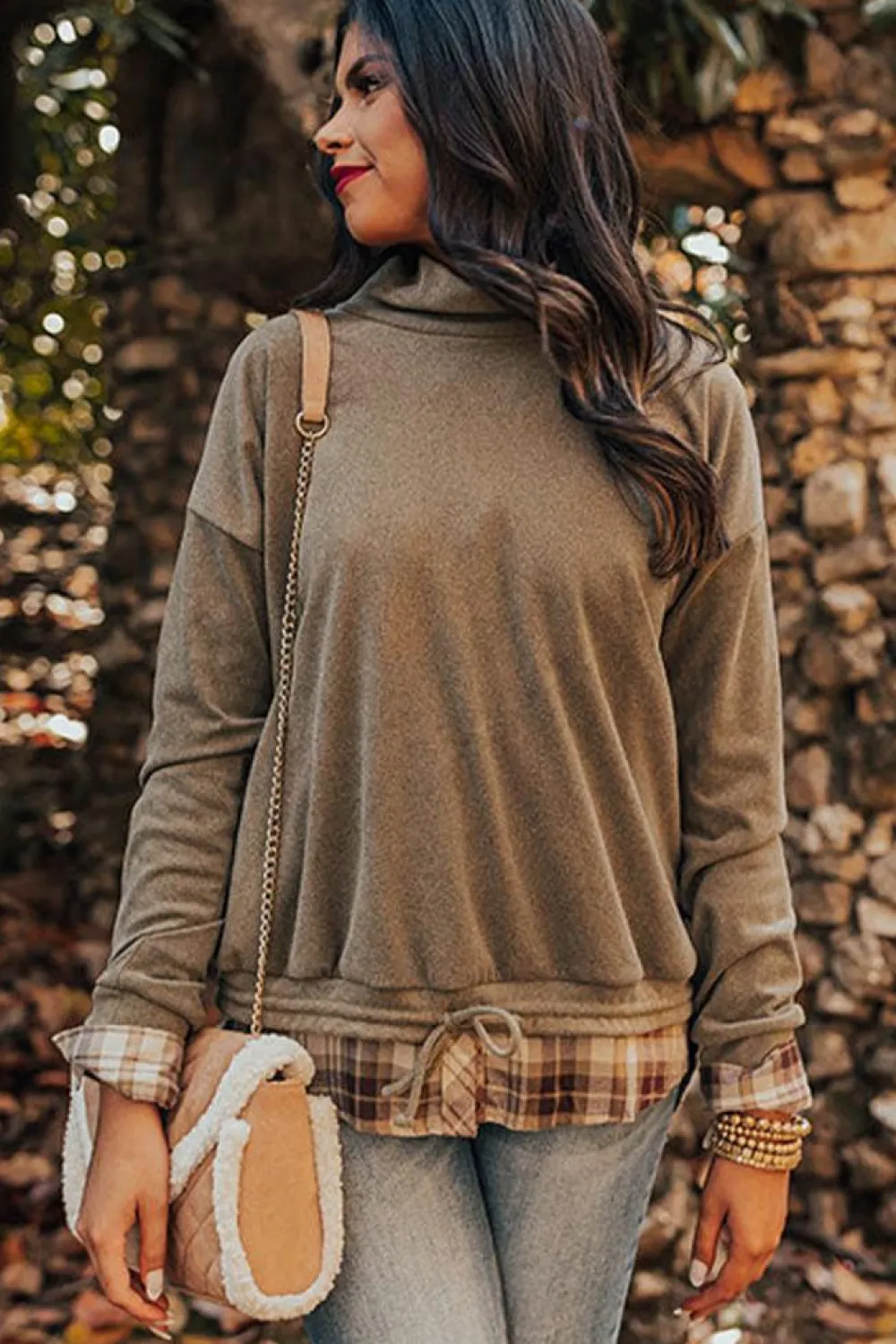 Fashion Dear-Lover Plaid Patchwork Knotted Hem High Neck Blouse Breen