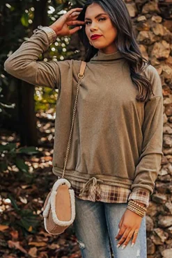Fashion Dear-Lover Plaid Patchwork Knotted Hem High Neck Blouse Breen