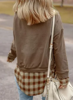 Fashion Dear-Lover Plaid Patchwork Knotted Hem High Neck Blouse Breen