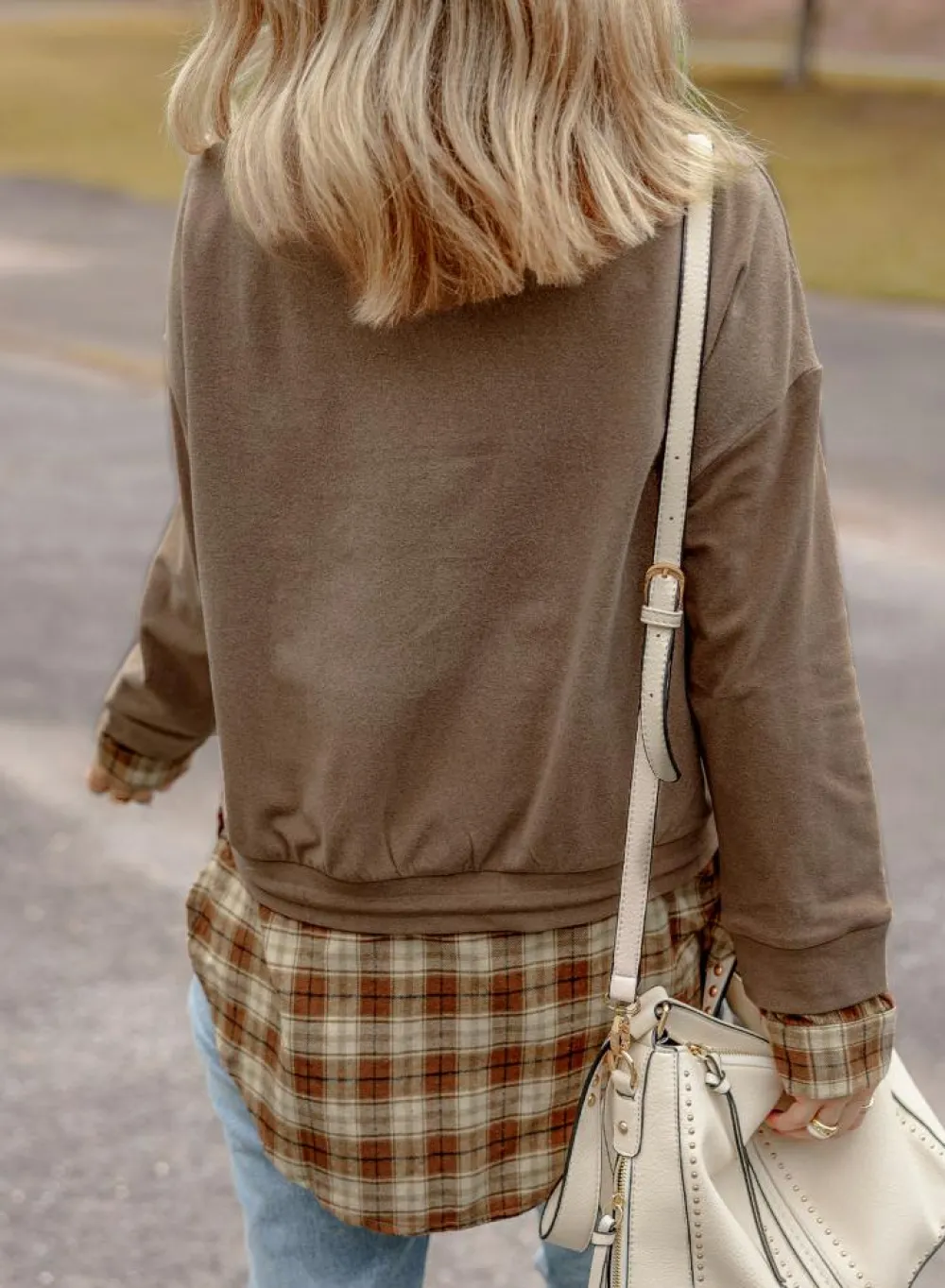 Fashion Dear-Lover Plaid Patchwork Knotted Hem High Neck Blouse Breen