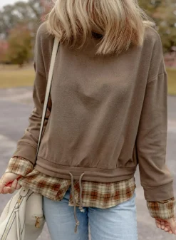 Fashion Dear-Lover Plaid Patchwork Knotted Hem High Neck Blouse Breen