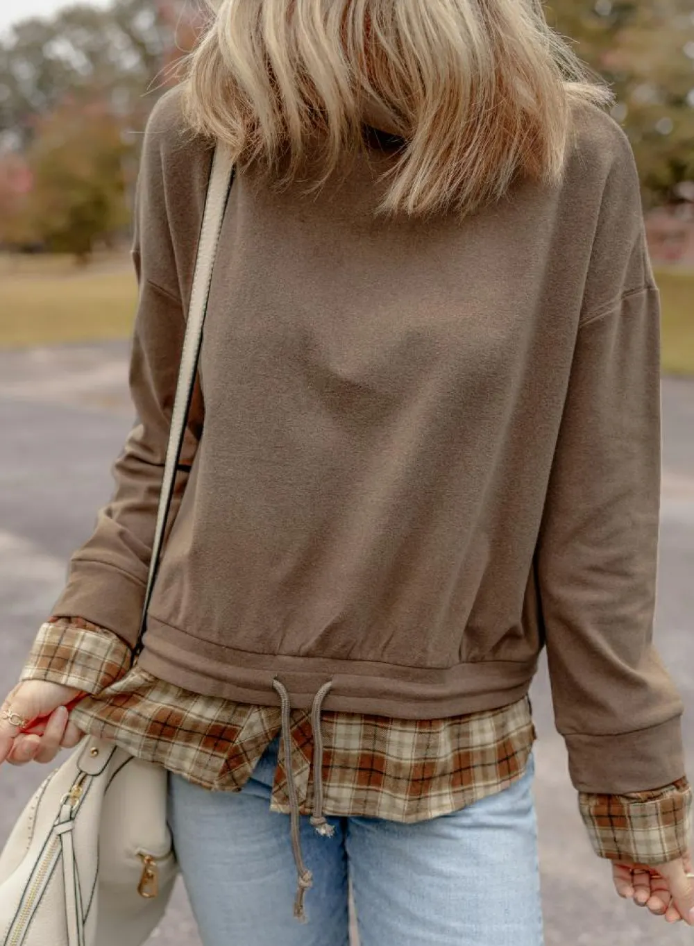 Fashion Dear-Lover Plaid Patchwork Knotted Hem High Neck Blouse Breen