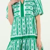 Fashion Dear-Lover Abstract Patterned V Neck Puff Short Sleeve Mini Dress Bright Green