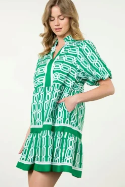 Fashion Dear-Lover Abstract Patterned V Neck Puff Short Sleeve Mini Dress Bright Green