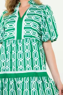 Fashion Dear-Lover Abstract Patterned V Neck Puff Short Sleeve Mini Dress Bright Green