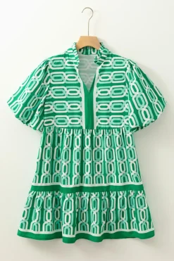 Fashion Dear-Lover Abstract Patterned V Neck Puff Short Sleeve Mini Dress Bright Green